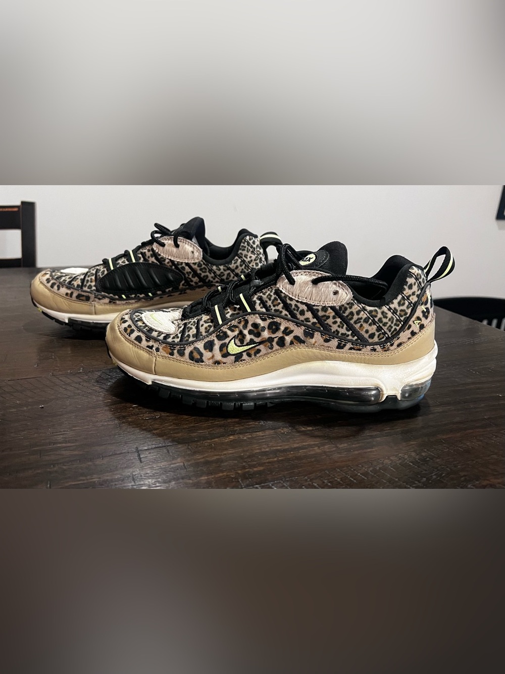 Nike Air Max 98 Women’s Leopard Print Sneakers in Beige/Black with Lime Accent